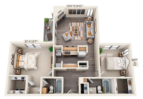 Floor plan for 2 beds, 2 baths, 1086 sqft